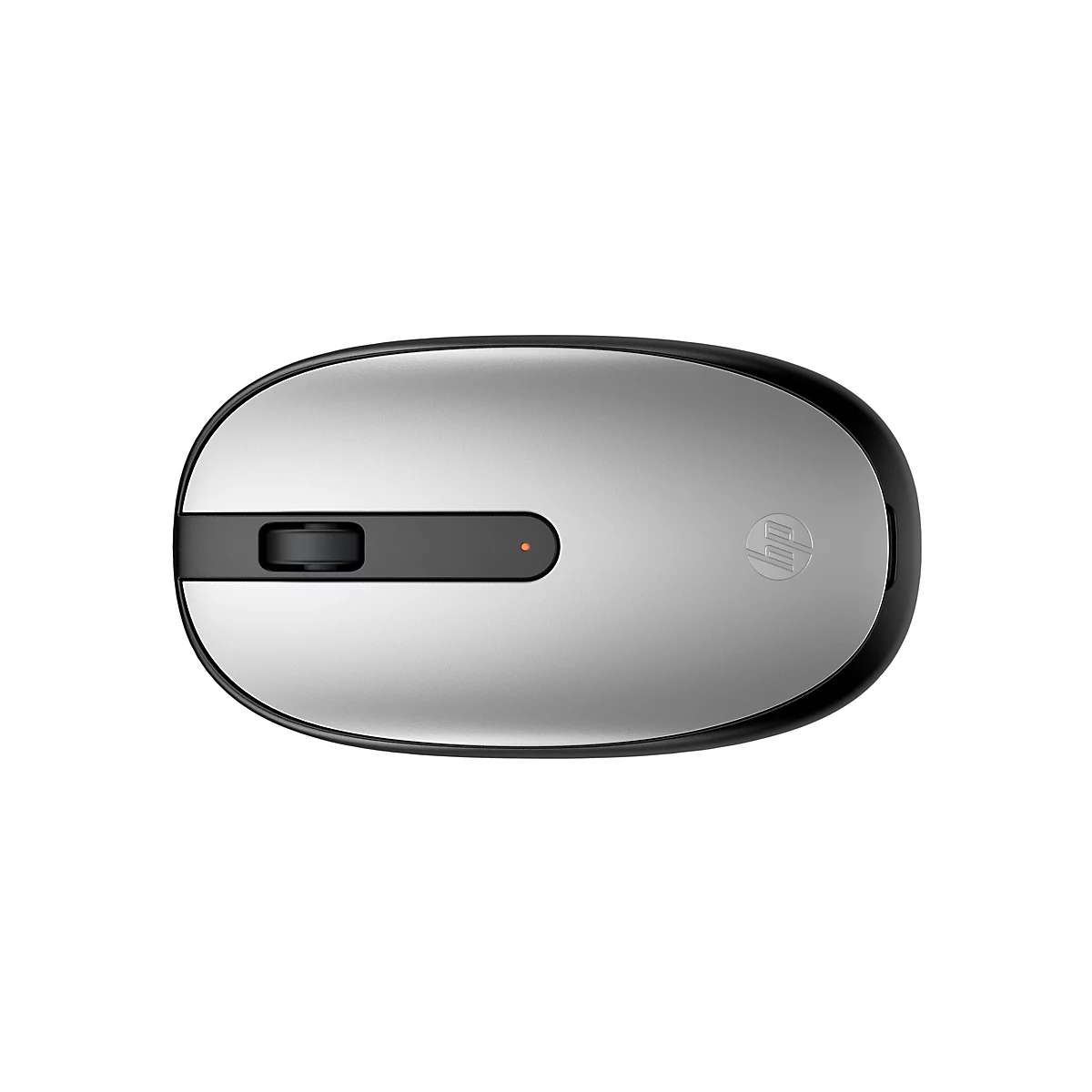 Draufsicht auf eine silberne HP-Maus mit schwarzem Rand und separater Taste. Auf der Maus befindet sich das HP-Logo.