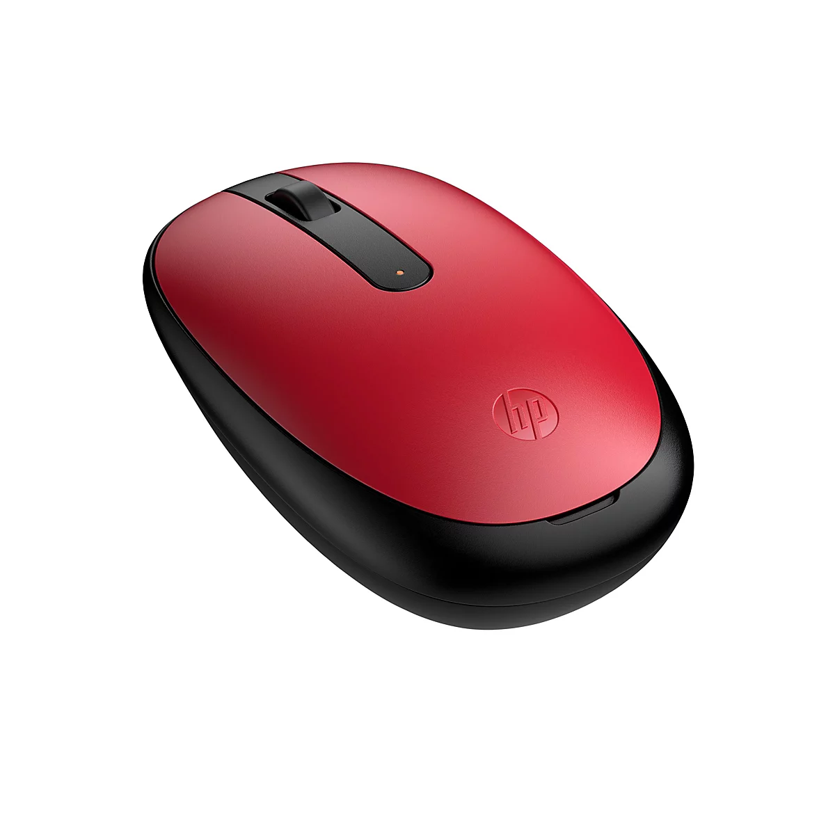 Drahtlose, rote HP-Maus mit schwarzem Mausrad und Unterseite, freigestellt auf weißem Hintergrund.
