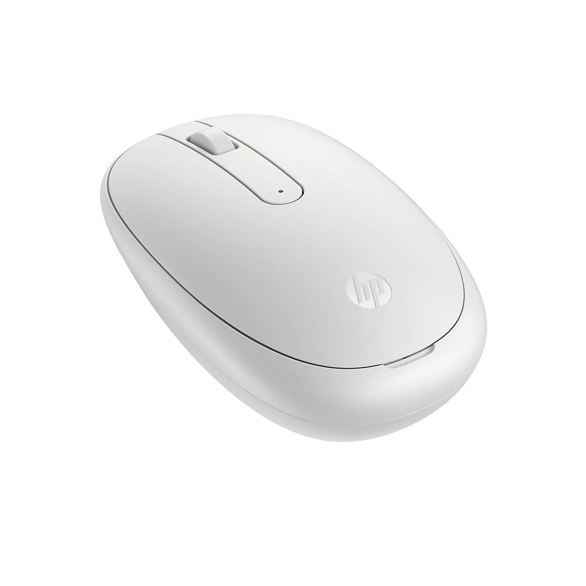 Weiße, kabellose HP-Maus in abgerundetem Design auf weißem Hintergrund.