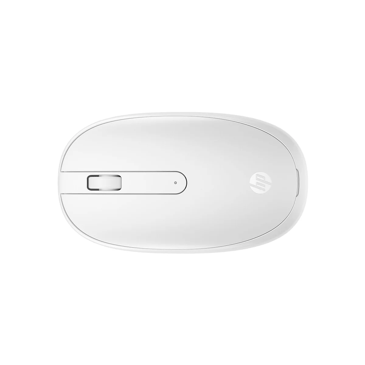 Weiße, kabellose HP-Maus von oben gesehen, mit Scrollrad und HP-Logo vor weißem Hintergrund.