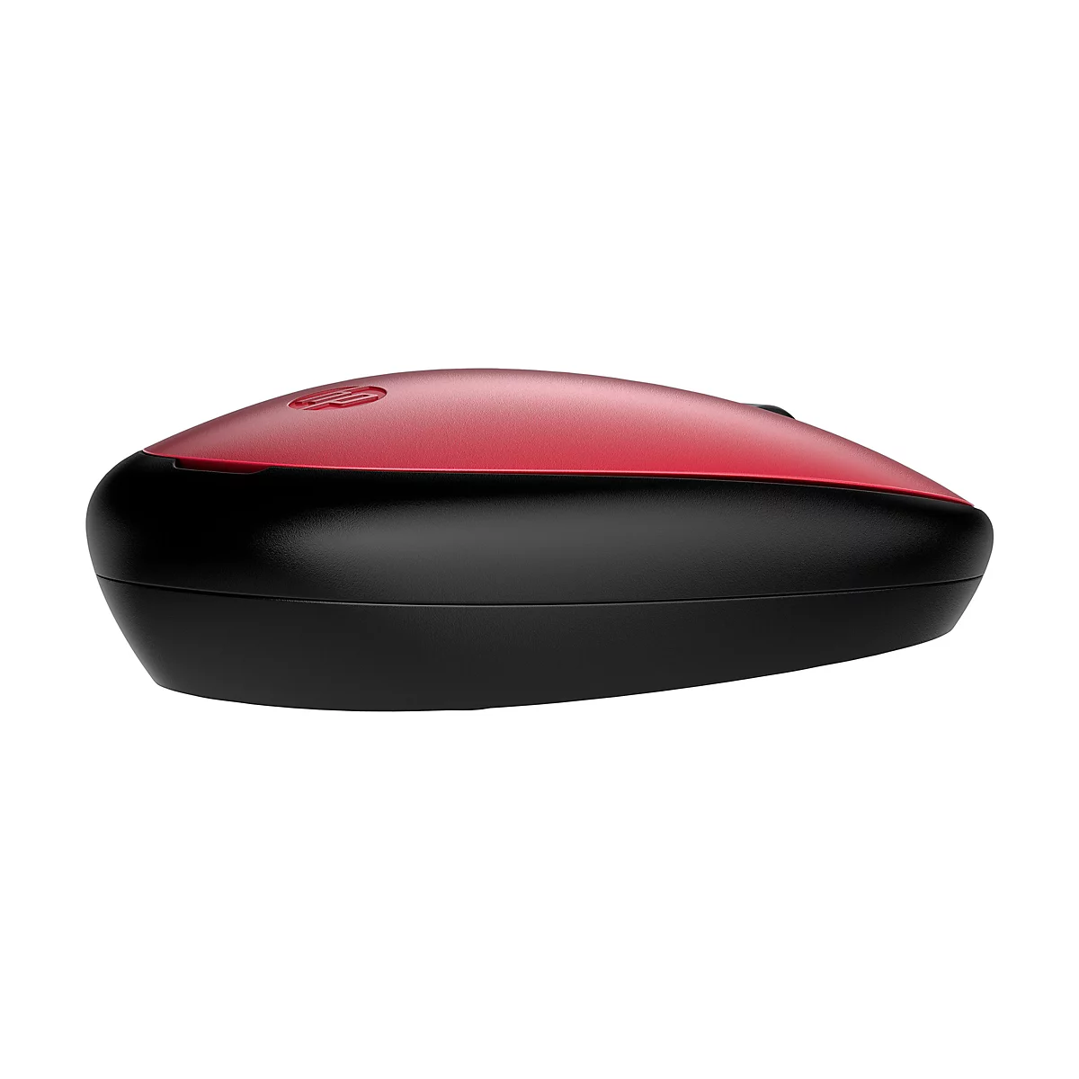 Eine Computermaus in Rot und Schwarz mit HP Logo. Auf hellem Hintergrund.