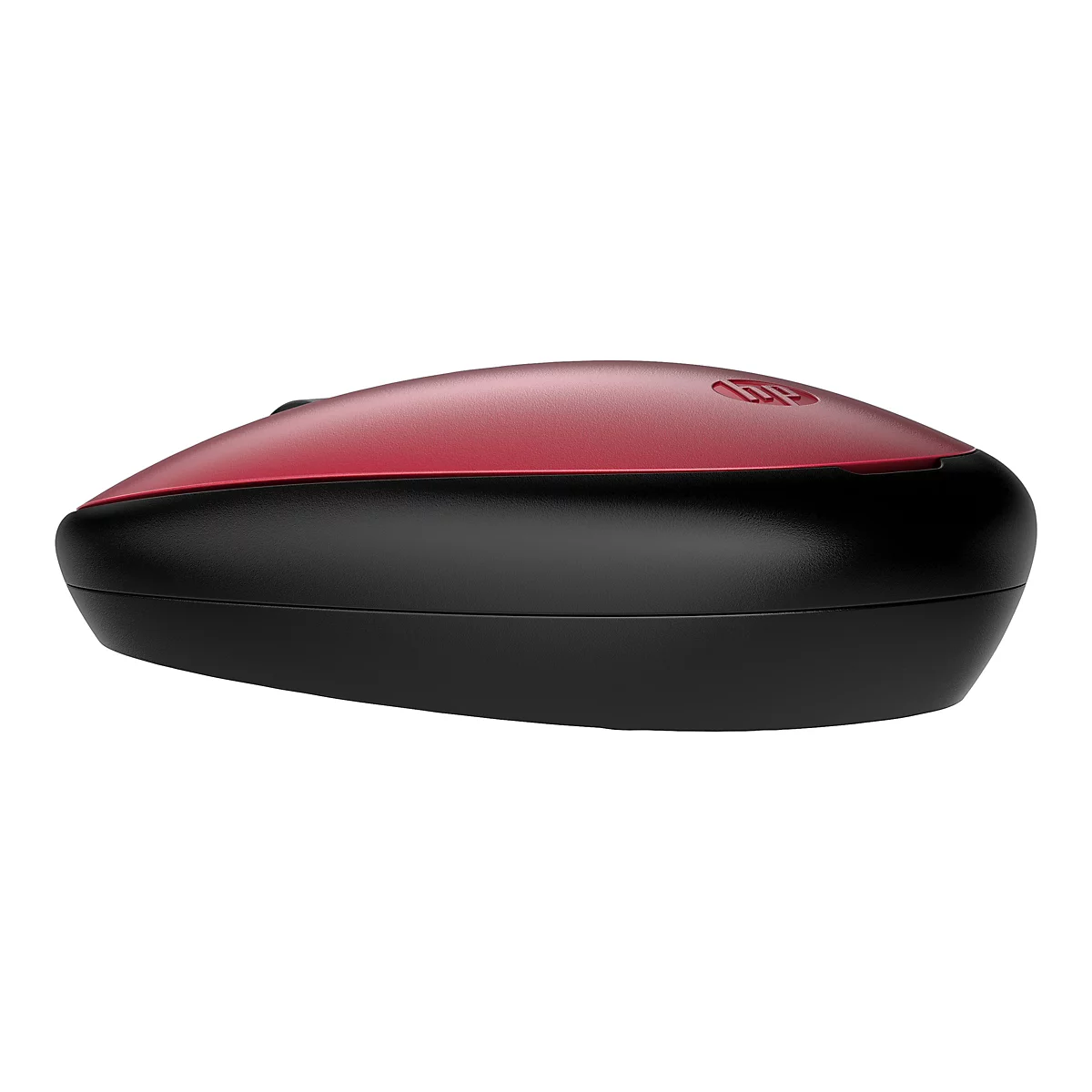 Drahtlose Maus in Rot und Schwarz mit HP-Logo. Geschwungene Form, modernes Design.