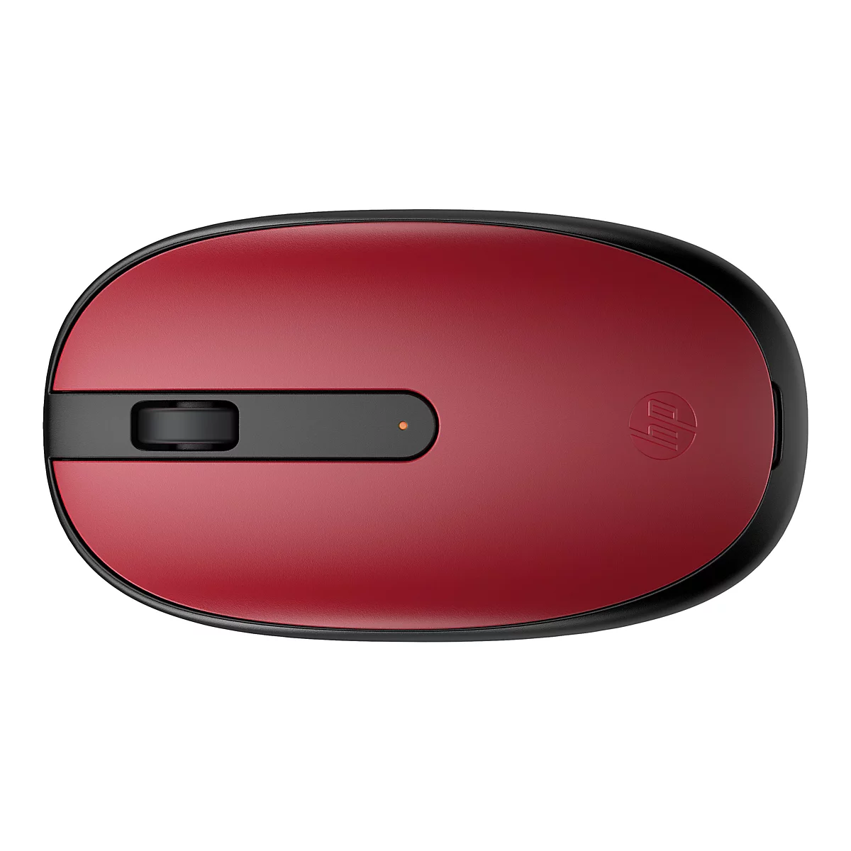 Drahtlose Computermaus, rot-schwarz. Auf der Maus befindet sich das HP-Logo.