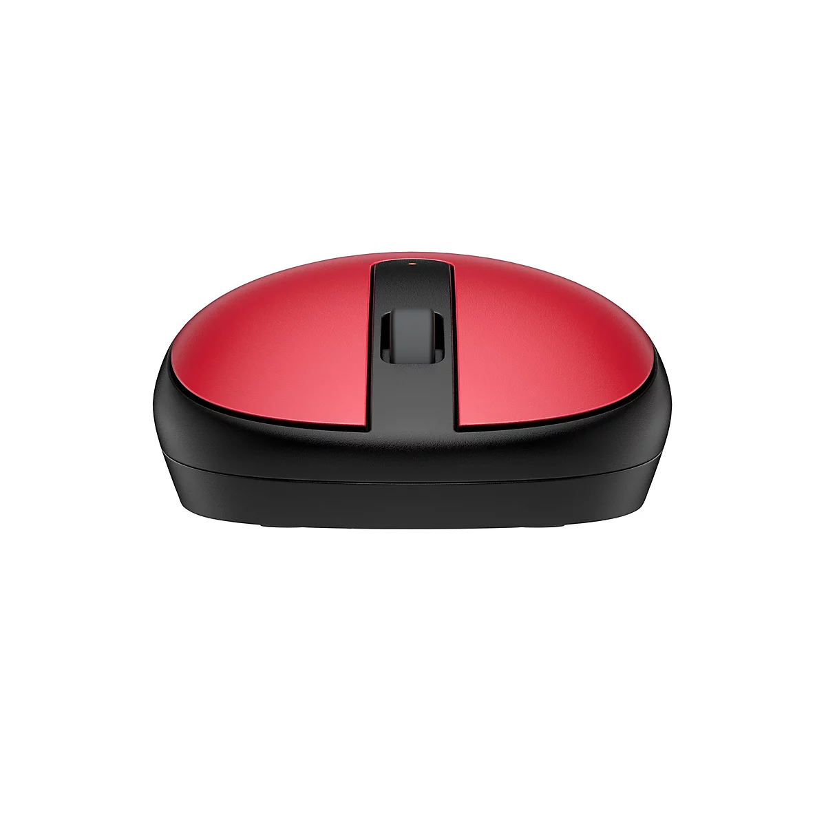 Draufsicht auf eine Computermaus in Rot und Schwarz vor weißem Hintergrund.