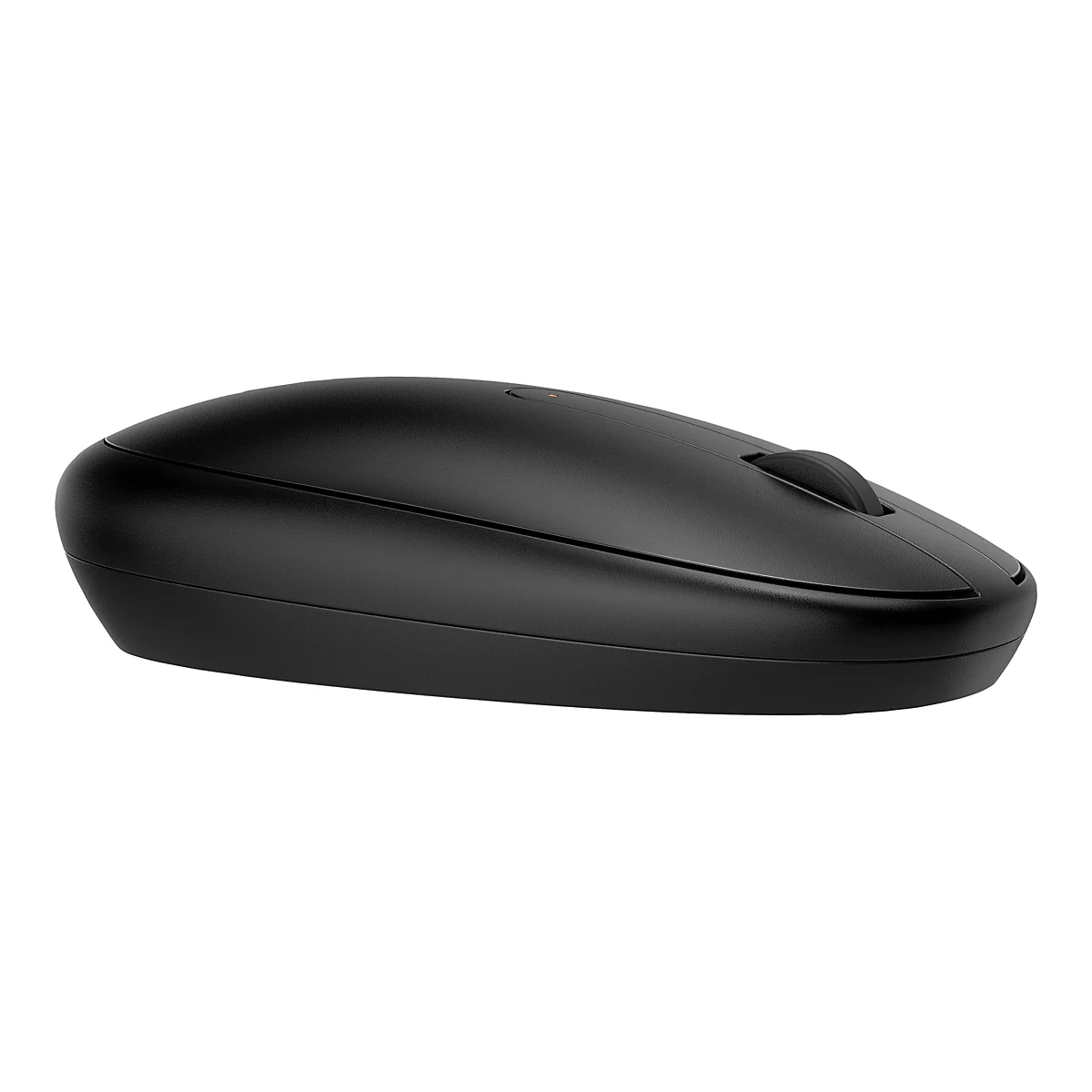 Schwarze, ergonomisch geformte Maus auf weißem Hintergrund. Mit Scrollrad, roter LED.