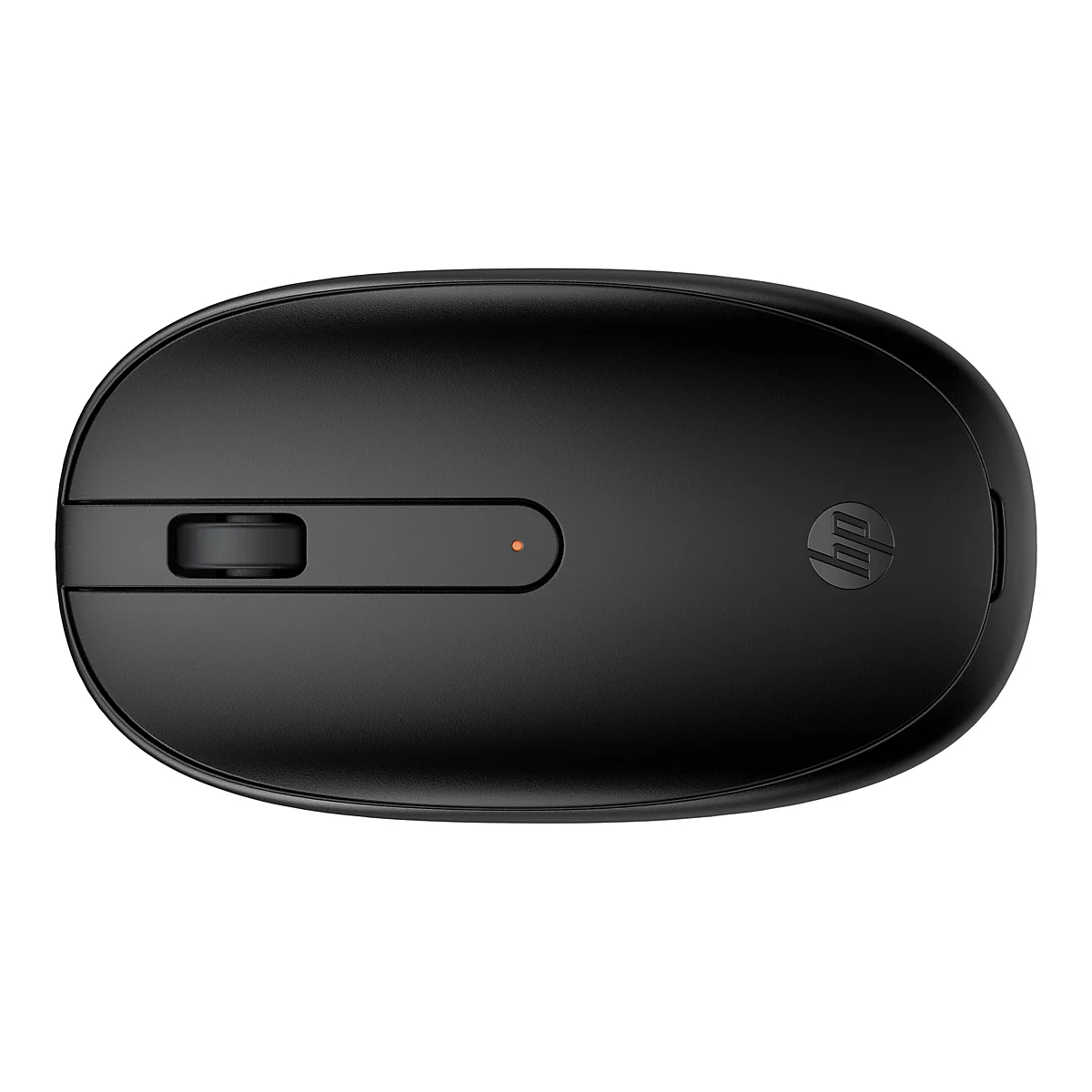Schwarze kabellose HP-Maus, Draufsicht. Das HP-Logo befindet sich auf der rechten Seite. Ein kleines, orangefarbenes Licht befindet sich in der Nähe des Scrollrads.