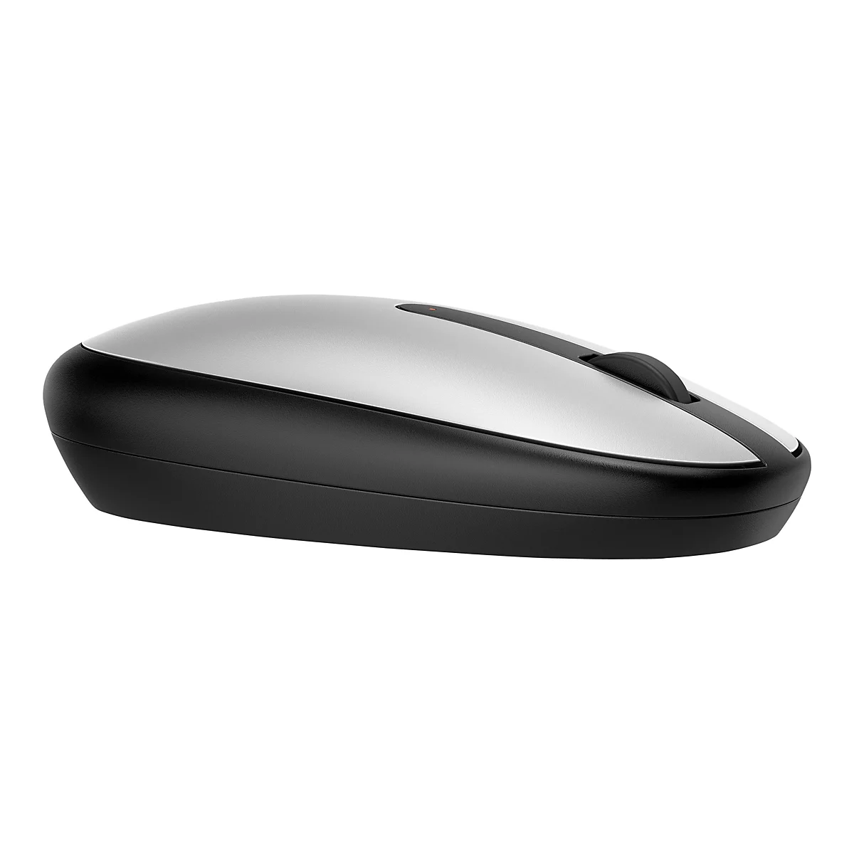 Drahtlose Computermaus, silberfarben und schwarz. Mit Scrollrad und Power-LED.