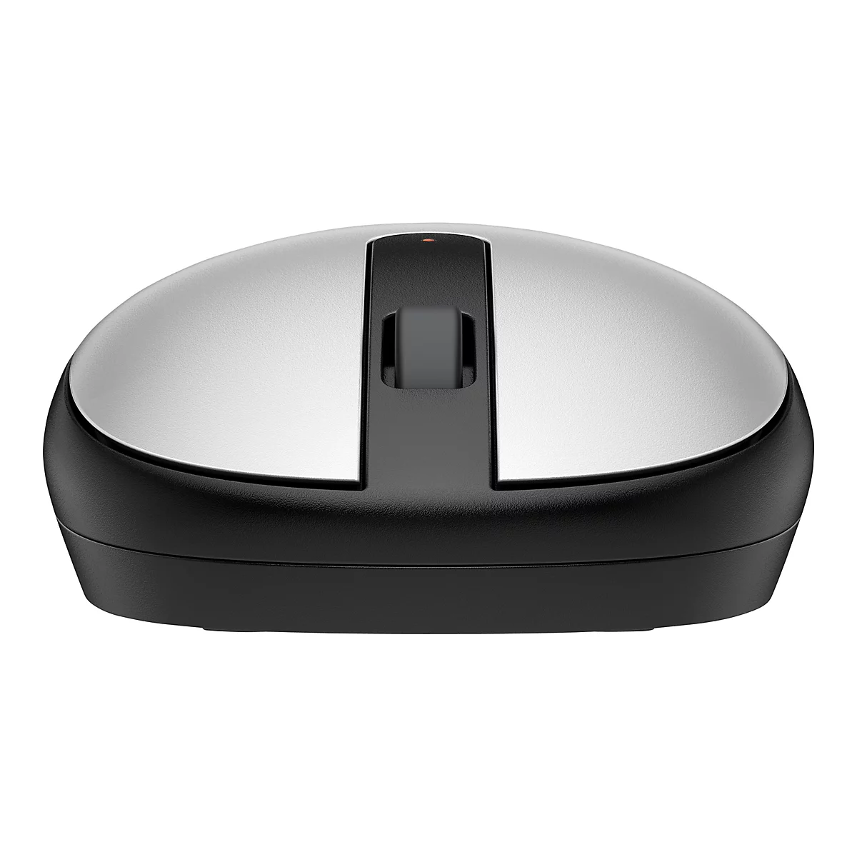 Draufsicht auf eine kabellose Computermaus. Sie ist silberfarben im oberen Bereich und schwarz im unteren Bereich. Das Scrollrad und eine kleine LED sind sichtbar.
