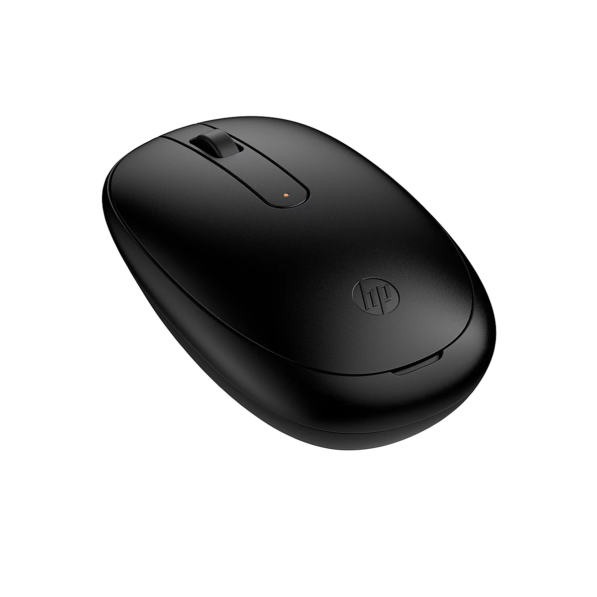 Schwarze Computermaus, leicht schräg von oben fotografiert. Mit HP Logo. Auf der Oberseite befindet sich ein Scrollrad und eine kleine orangefarbene LED.