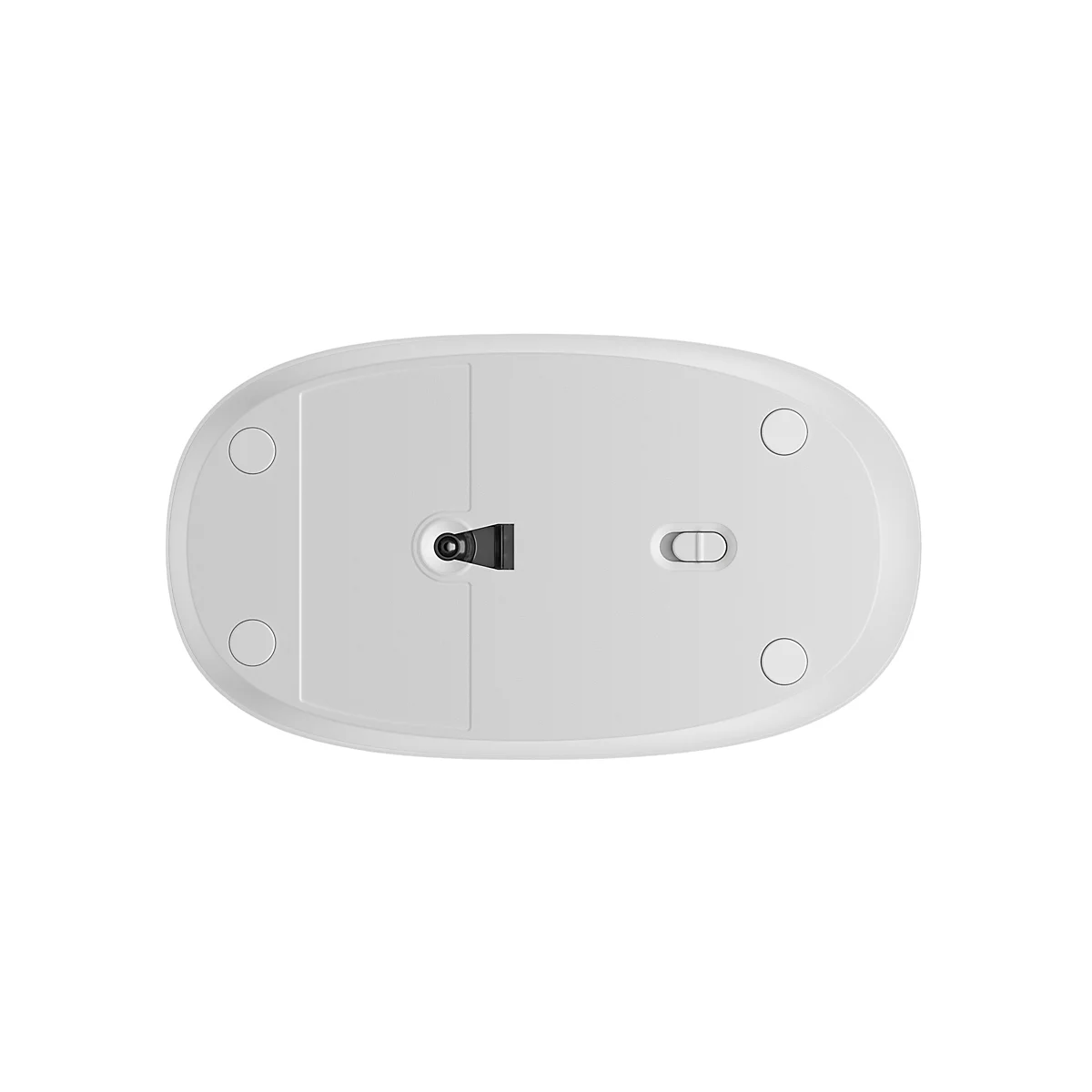 Unterseite einer weißen Computermaus mit Sensor, Ein-Aus-Schalter und vier runden Gleitfüßen auf weißem Grund.