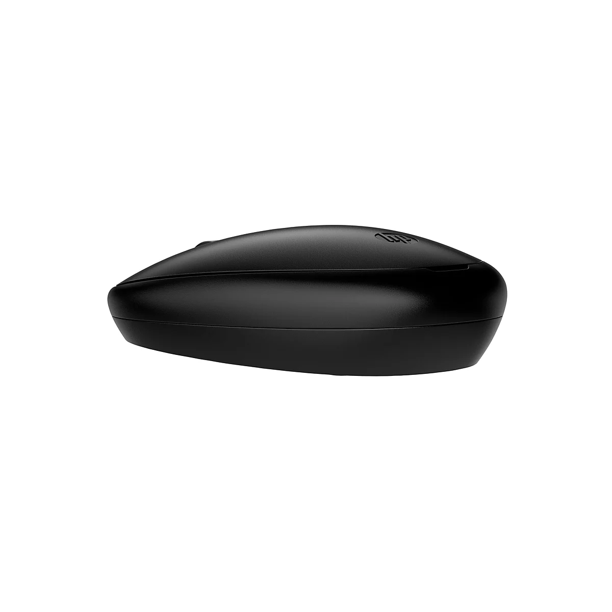 Schwarze, ovale Funkmaus auf weißem Hintergrund. Auf der Oberseite ist ein Logo sichtbar.
