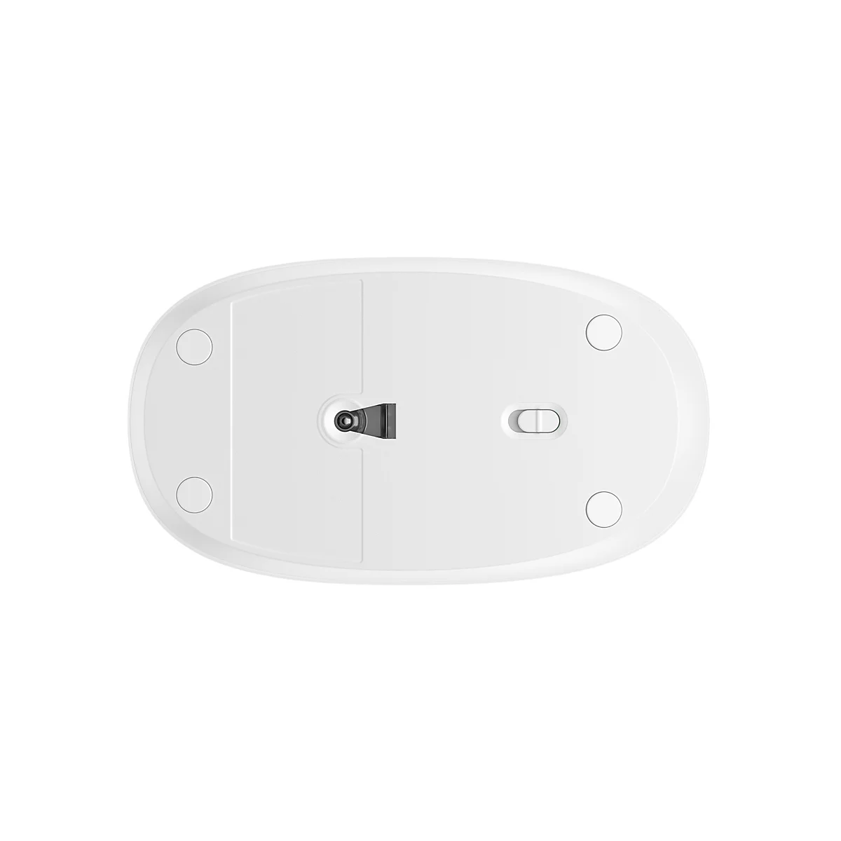 Unterseite einer weißen Computermaus mit Sensor und An-Aus-Schalter auf weißem Hintergrund.