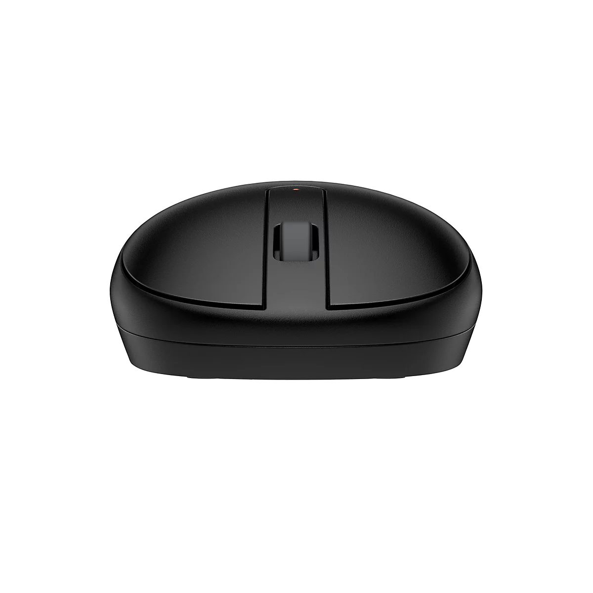 Draufsicht auf eine schwarze Computermaus, weißer Hintergrund. Oberhalb des Mausrads befindet sich eine rote LED.