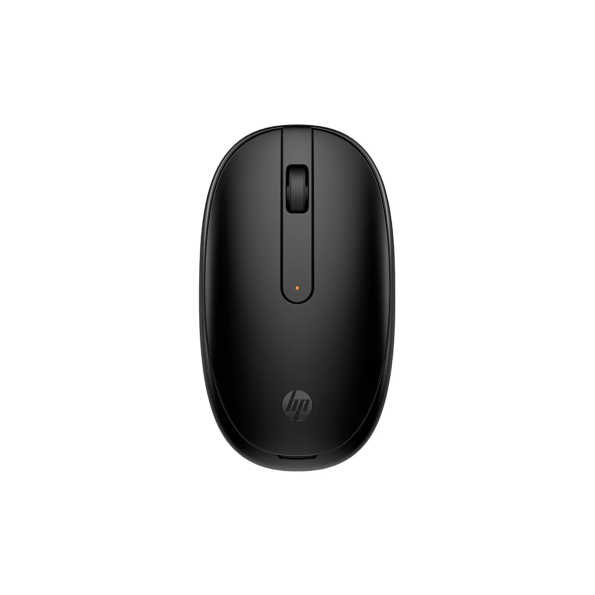 Draufsicht auf eine schwarze HP Maus. Mittig ein Scrollrad, darunter eine orangefarbene LED, unten das HP Logo.