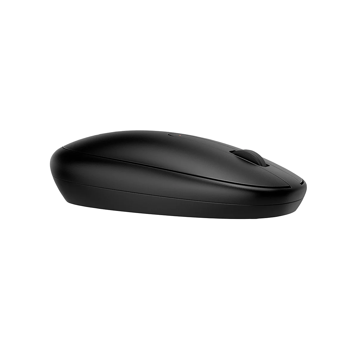 Schwarze, flache Computermaus in Seitenansicht vor weißem Hintergrund.
