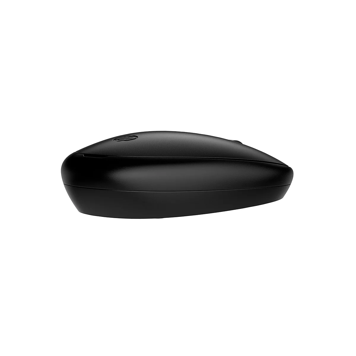 Schwarze kabellose HP Computermaus in Seitenansicht vor weißem Hintergrund.