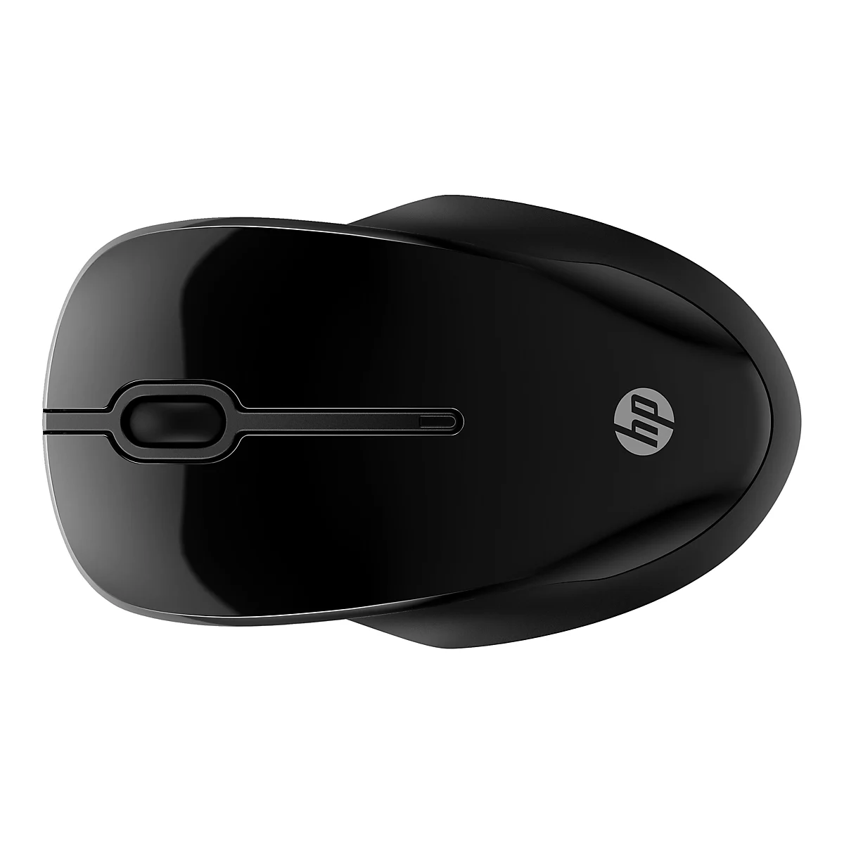 Draufsicht auf eine schwarze HP-Maus mit den Maustasten und dem HP-Logo.