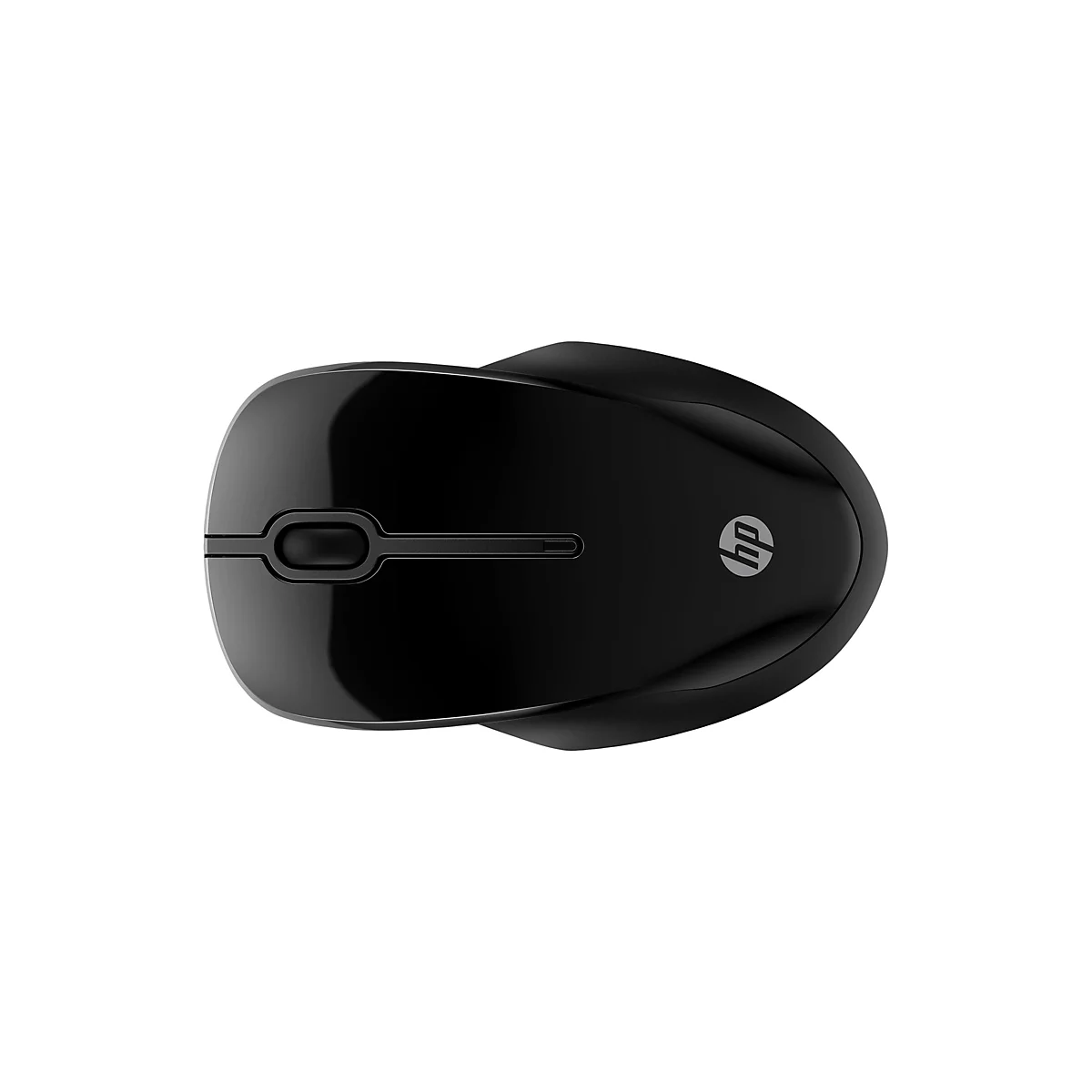 Draufsicht auf eine schwarze HP Maus auf weißem Hintergrund.