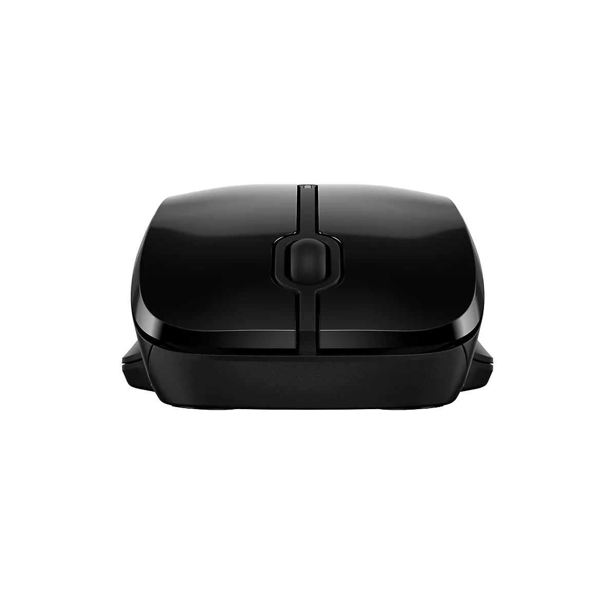 Schwarze Computermaus, Draufsicht; auf weißem Hintergrund.