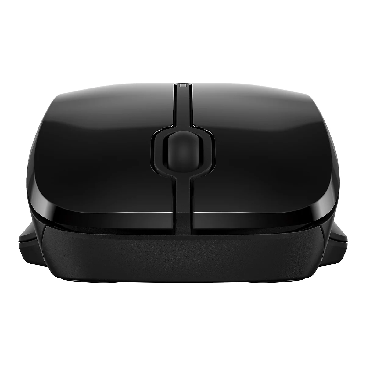 Schwarze Computermaus, Draufsicht, mit glänzender Oberfläche und matten Seiten.