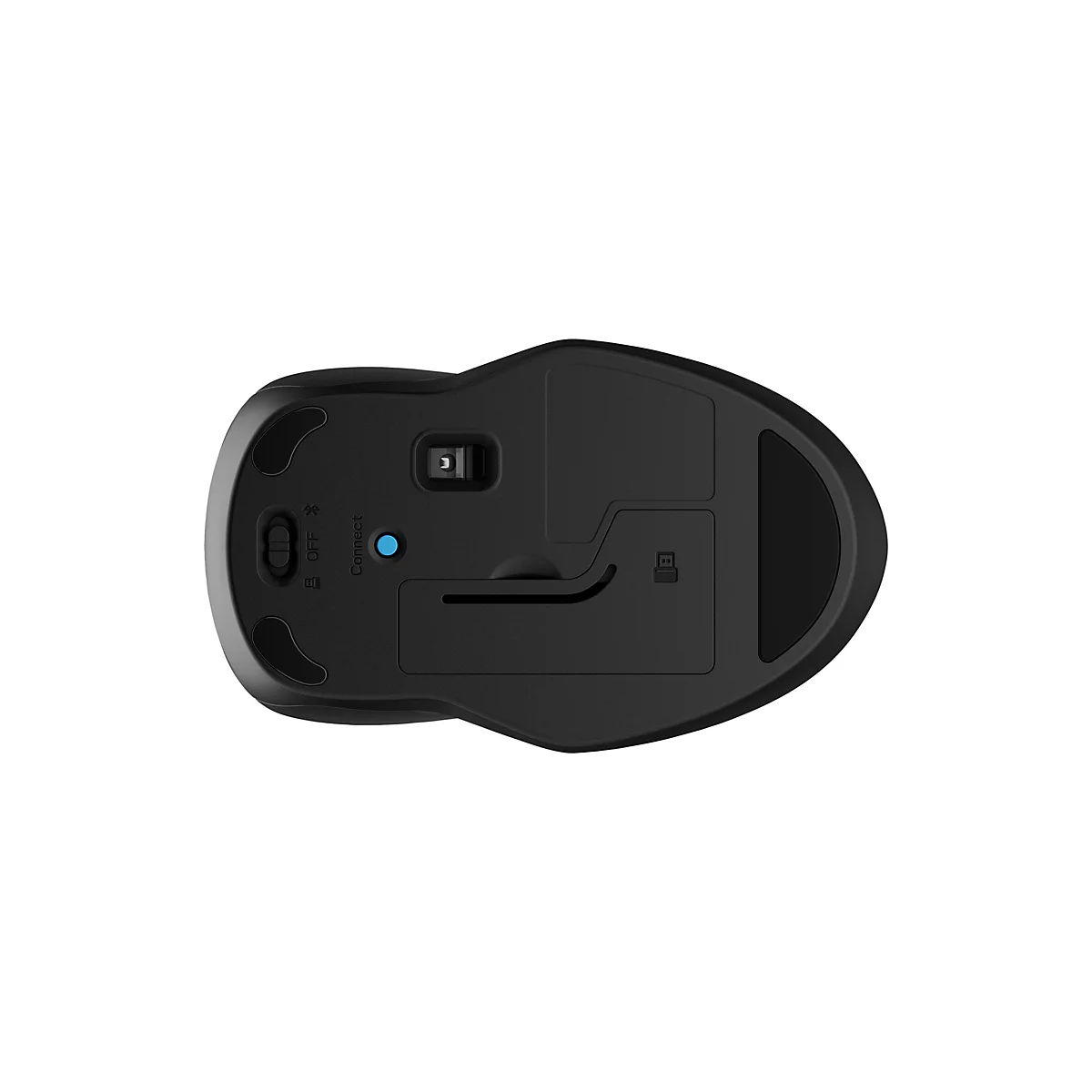 Draufsicht auf eine schwarze Maus. Auf der Unterseite befinden sich eine Ein/Aus-Schalter, ein Connect-Knopf und eine Batterieabdeckung.