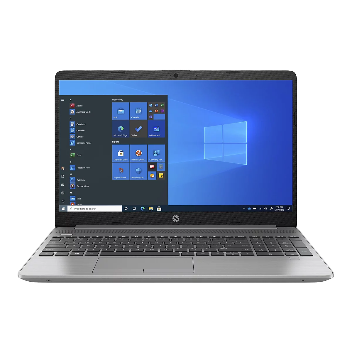 Ein grauer Laptop mit Windows-Startbildschirm. Das HP-Logo ist unten zusehen.