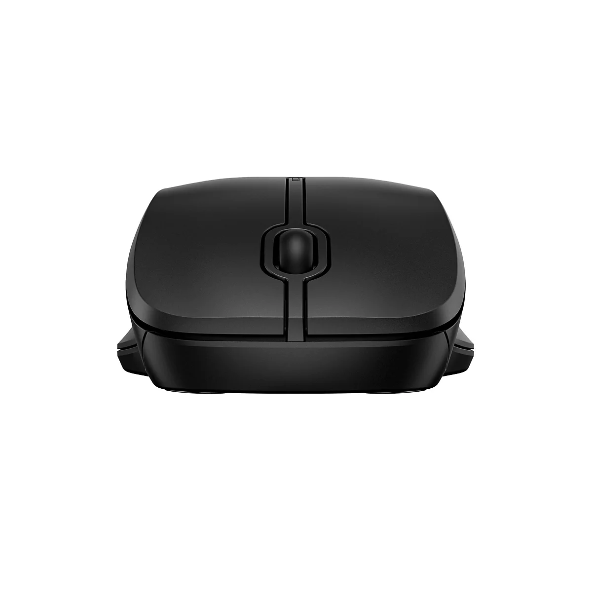 Schwarze kabellose Computermaus aus der Frontansicht auf weißem Hintergrund.