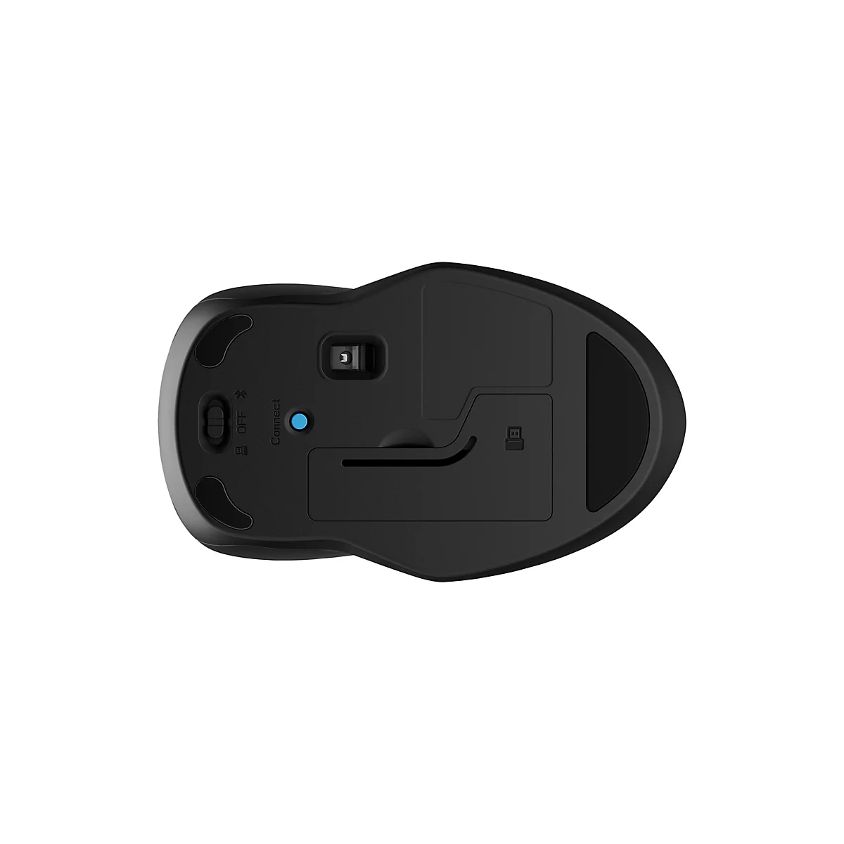 Draufsicht auf eine schwarze kabellose Computermaus mit Knöpfen, Schalter und Bluetooth-Symbolen. Der Fokus liegt auf der Unterseite der Maus.