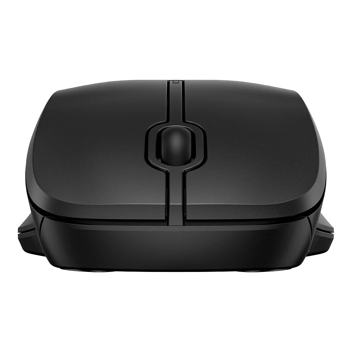 Draufsicht auf eine schwarze Computermaus mit zwei Maustasten und einem Scrollrad, auf weißem Hintergrund.