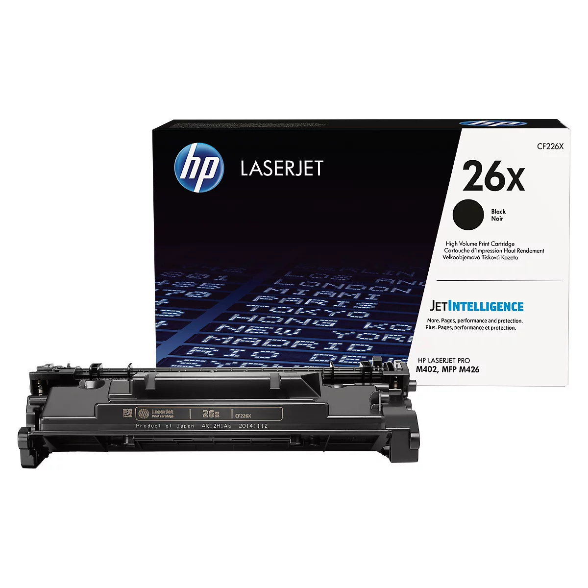 Schwarze HP 26X Laserjet-Tonerpatrone und Verpackung mit Stadt-Grafik im Hintergrund. Beschriftung: JETINTELLIGENCE.