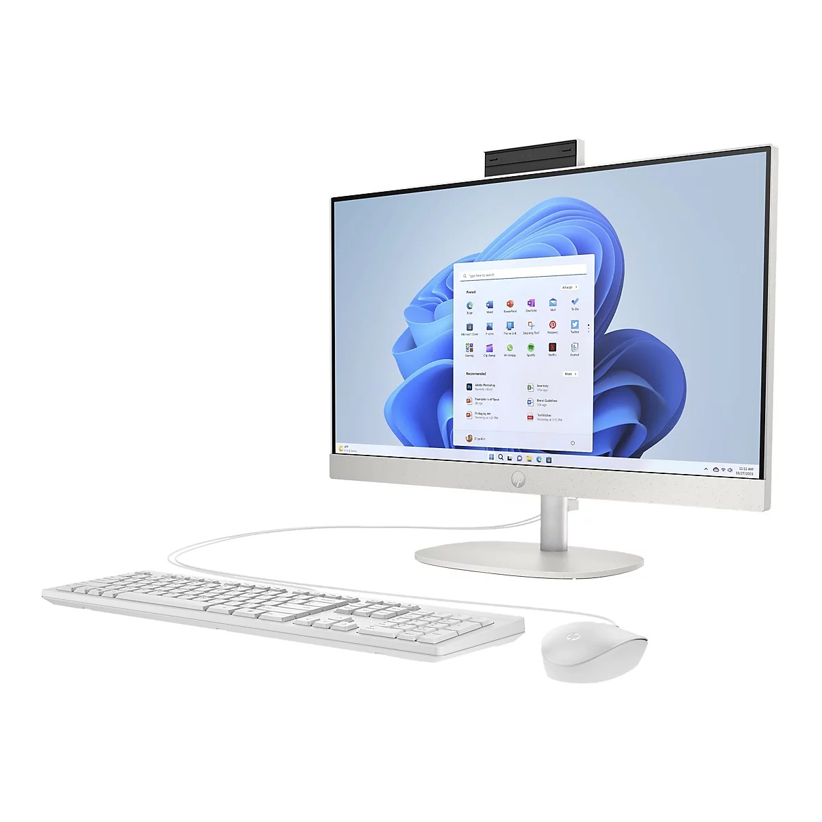 Weißer All-in-One-Computer mit Bildschirm, Tastatur und Maus. Auf dem Bildschirm ist das Windows 11 Startmenü zu sehen.