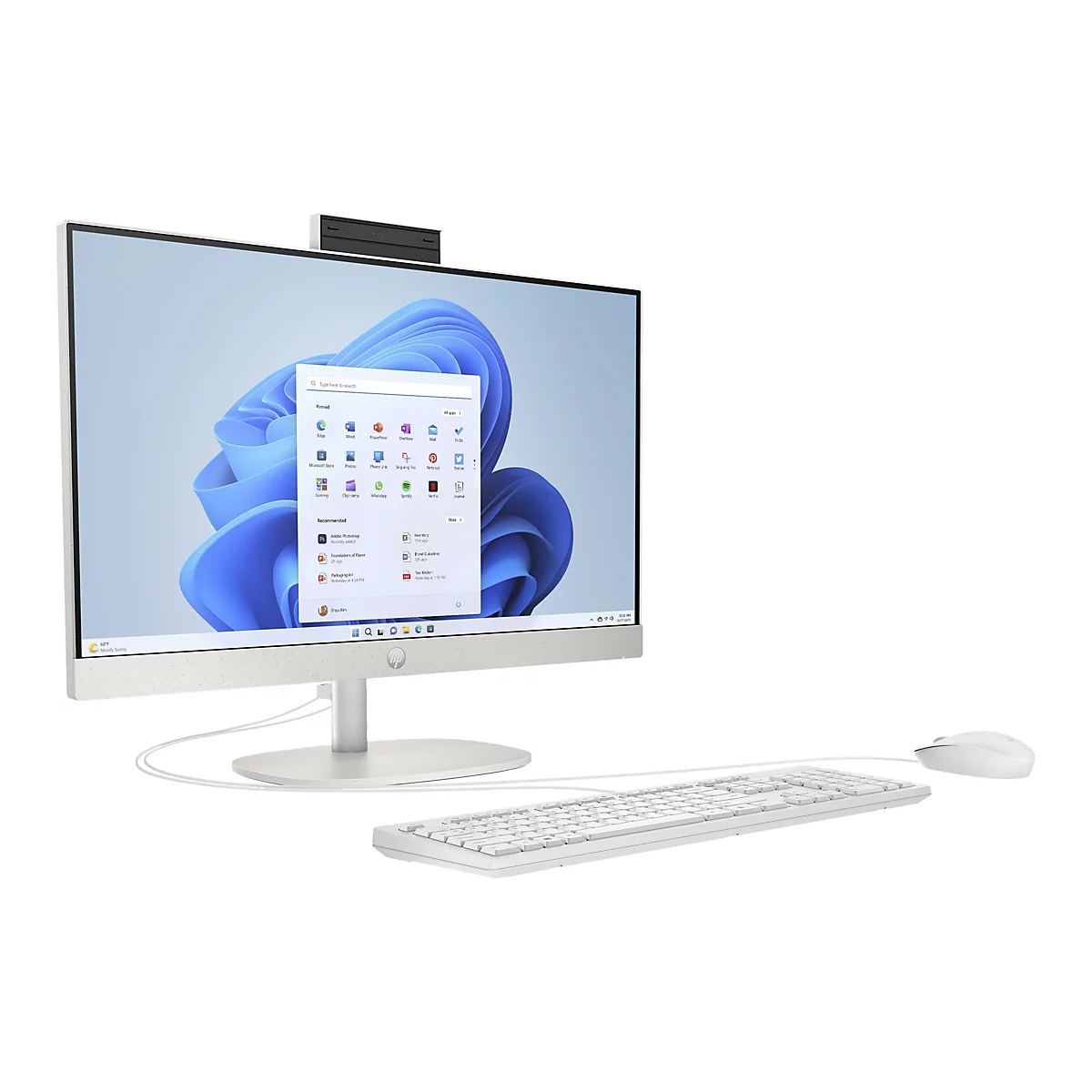 Ein weißer All-in-One-PC mit Windows-Oberfläche, drahtloser Tastatur und Maus. Die Bildschirmdarstellung zeigt Apps, eine Suchleiste und ein Wetter-Widget.