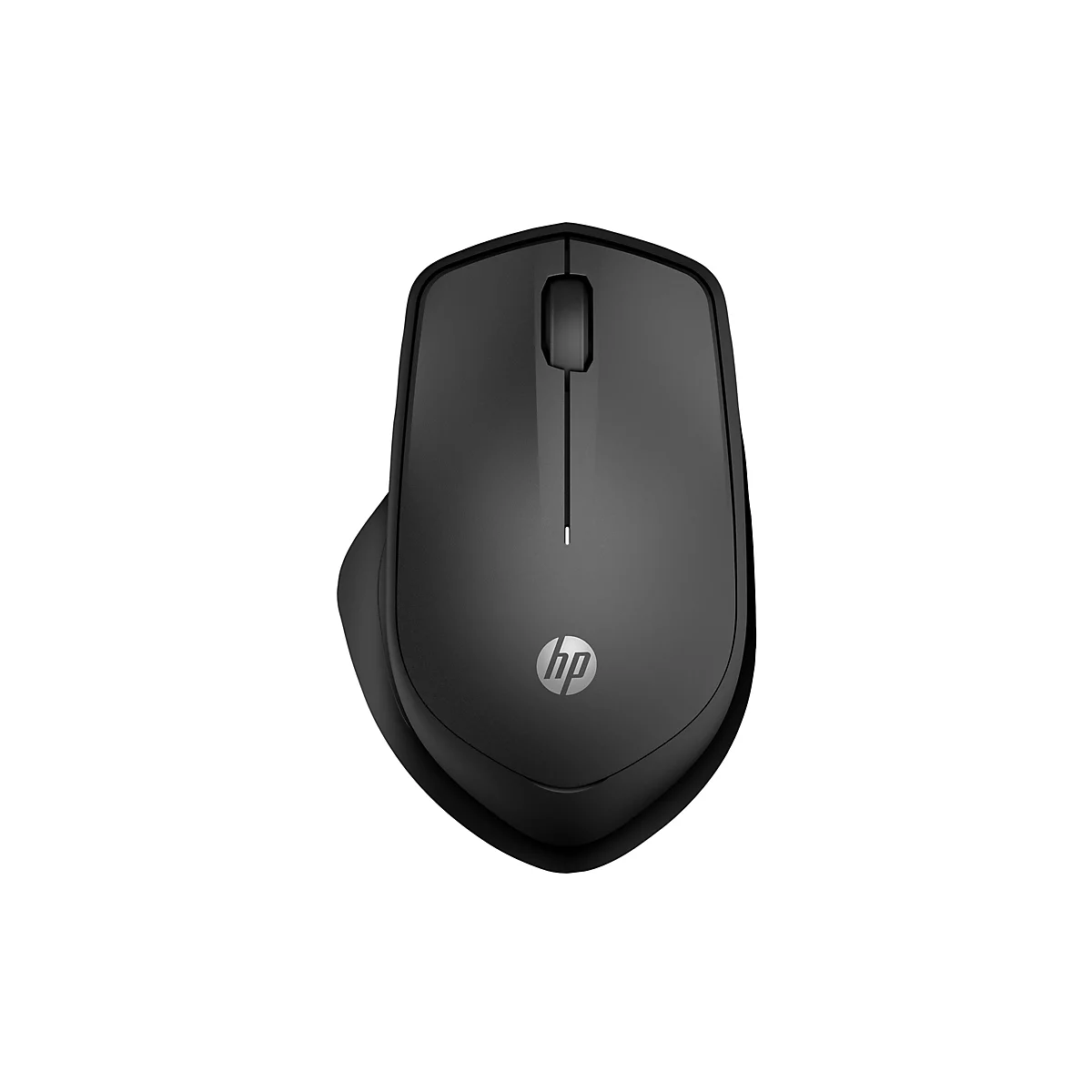 Schwarze kabellose HP-Maus in der Draufsicht auf weißem Hintergrund.