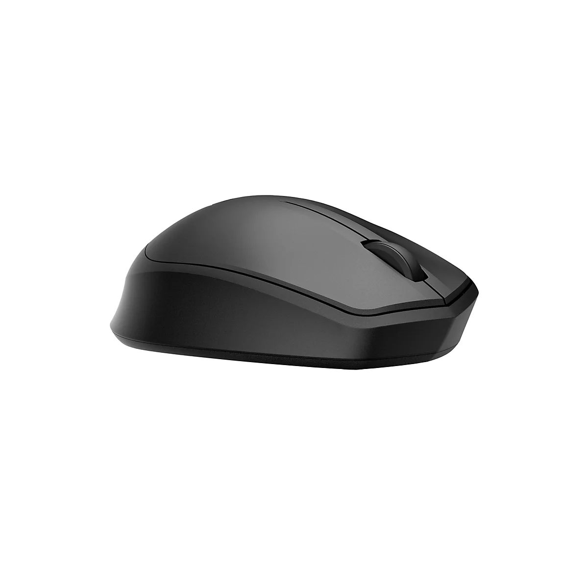 Schwarze, ergonomische kabellose Computermaus vor weißem Hintergrund.