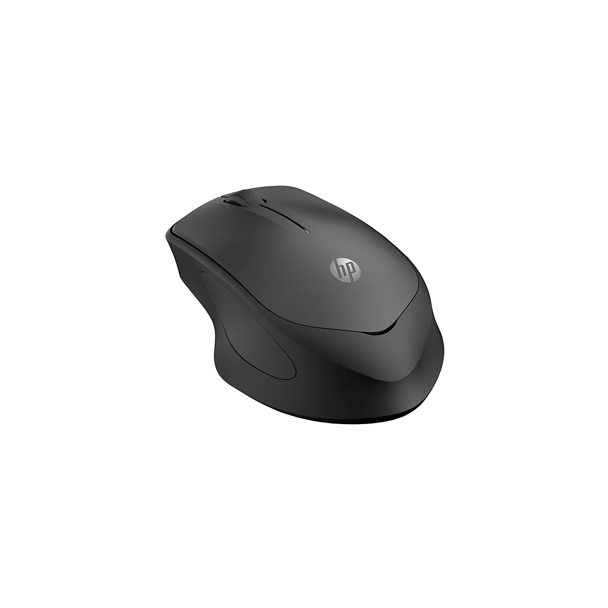 Schwarze kabellose HP-Computermaus vor weißem Hintergrund.