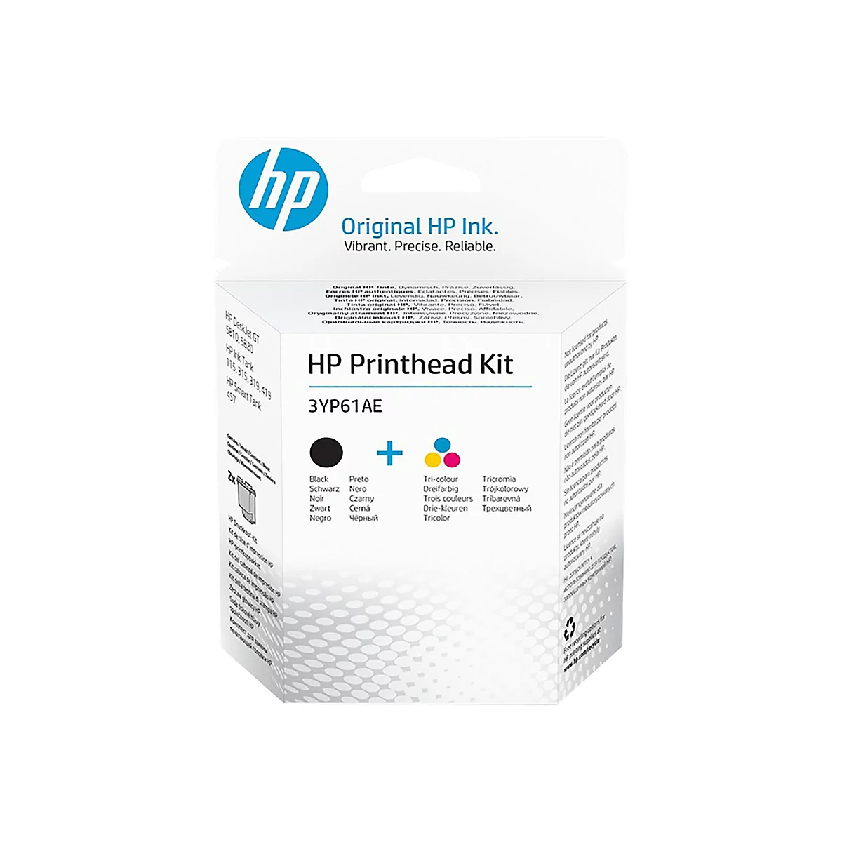 HP Printhead Kit-Verpackung. Aufdrucke von Schwarzer und Dreifarbiger Tinte. Logo von HP. Text: Vibrant. Precise. Reliable.