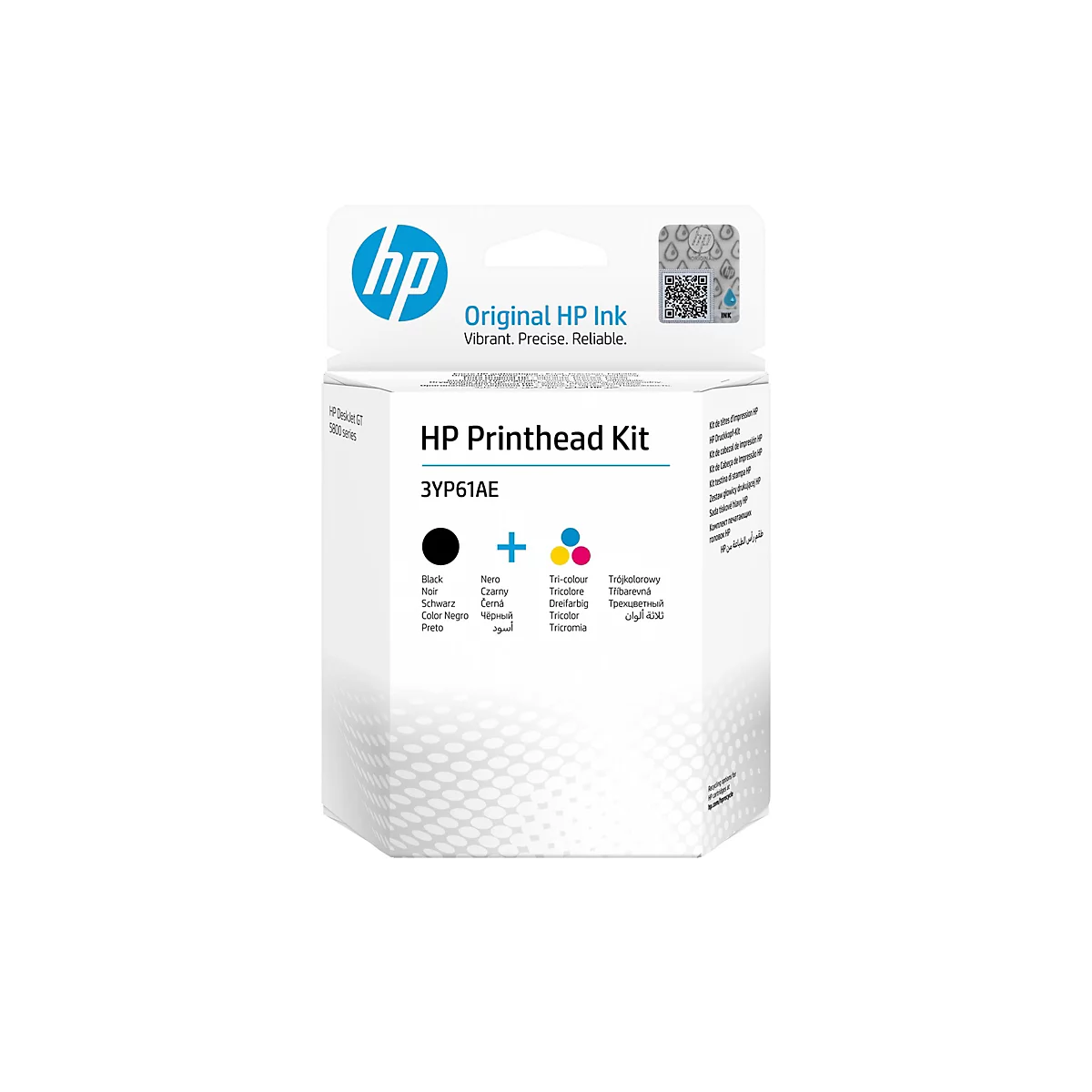 Eine weiße HP-Tintenpatronenbox. Auf der Box steht 'Original HP Ink'. Auf der Box sind Symbole für Schwarz, Cyan, Magenta und Gelb abgebildet.