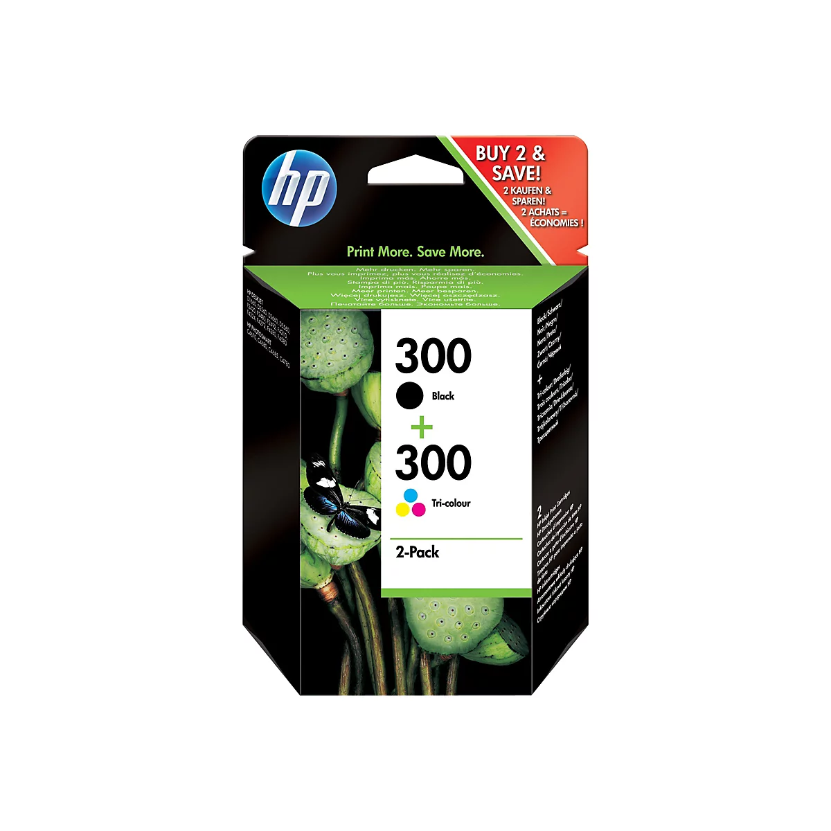 Eine HP Tintenpatronen-Verpackung, mit den Schriftzügen "BUY 2 & SAVE!". Auf der Verpackung sind 2x300 Black und 2x300 Tri-color abgebildet.