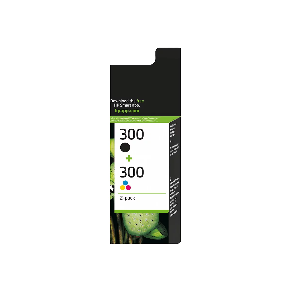 Eine schwarze und eine farbige HP 300 Druckerpatrone auf einer Verpackung, die Informationen zur HP Smart App und eine Abbildung einer Lotusblüte enthält.