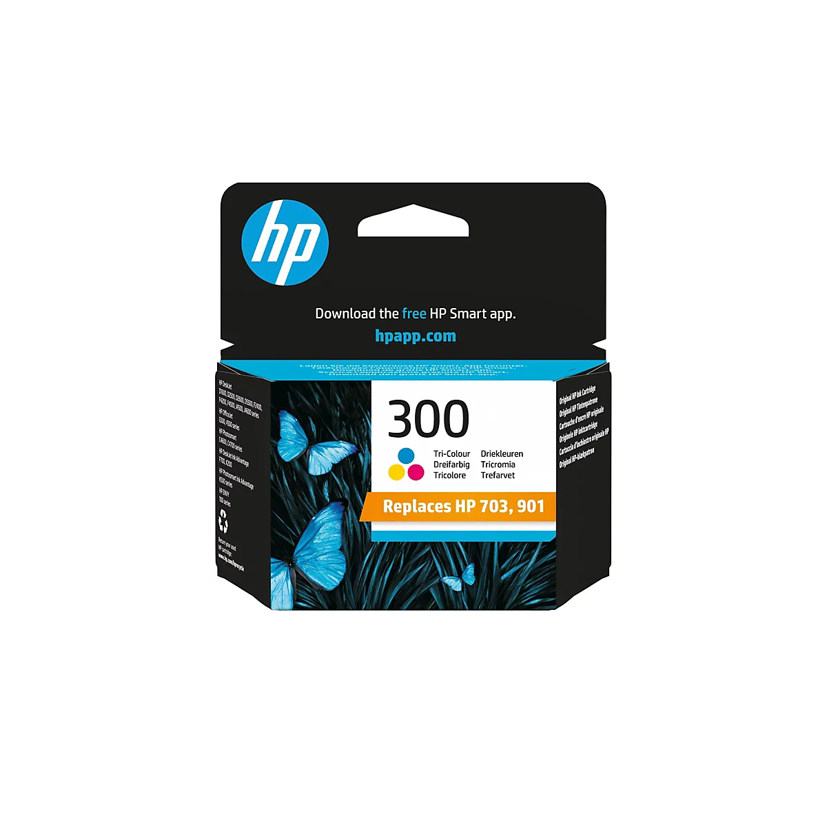 HP Tintenpatrone 300. Schwarze Verpackung mit blauem HP Logo, Schmetterlingen und Text. Ersetzt HP 703, 901.
