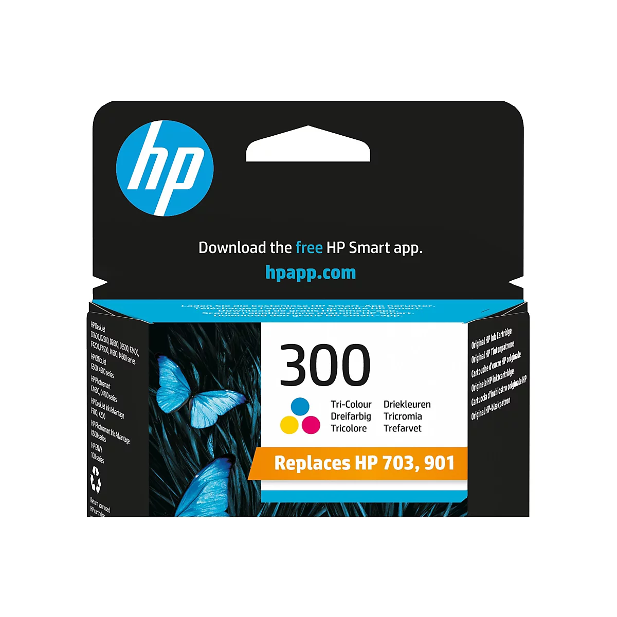 Eine HP Tintenpatrone, die 300 heißt, mit den Farben Cyan, Gelb und Magenta. Auf der Verpackung befinden sich Schmetterlinge und die Aufschrift 'Replaces HP 703, 901'.