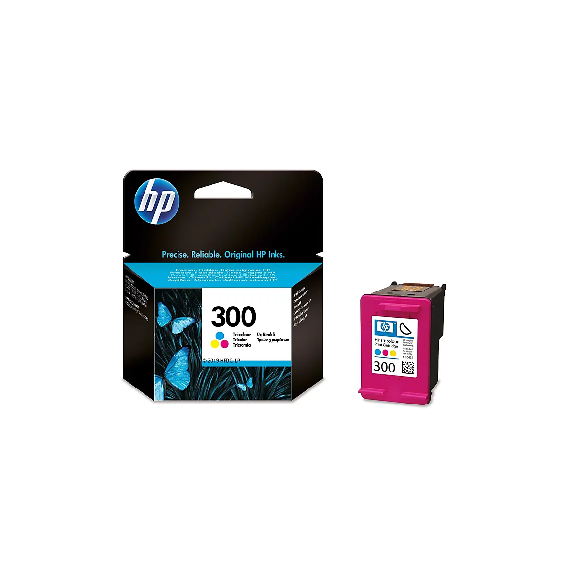 Eine HP 300 Tri-Colour Tintenpatrone und ihre Verpackung. Die Verpackung ist schwarz mit blauen Schmetterlingen und dem HP-Logo. Die Tintenpatrone ist rosa mit dem HP-Logo und den Farben Cyan, Magenta und Gelb.