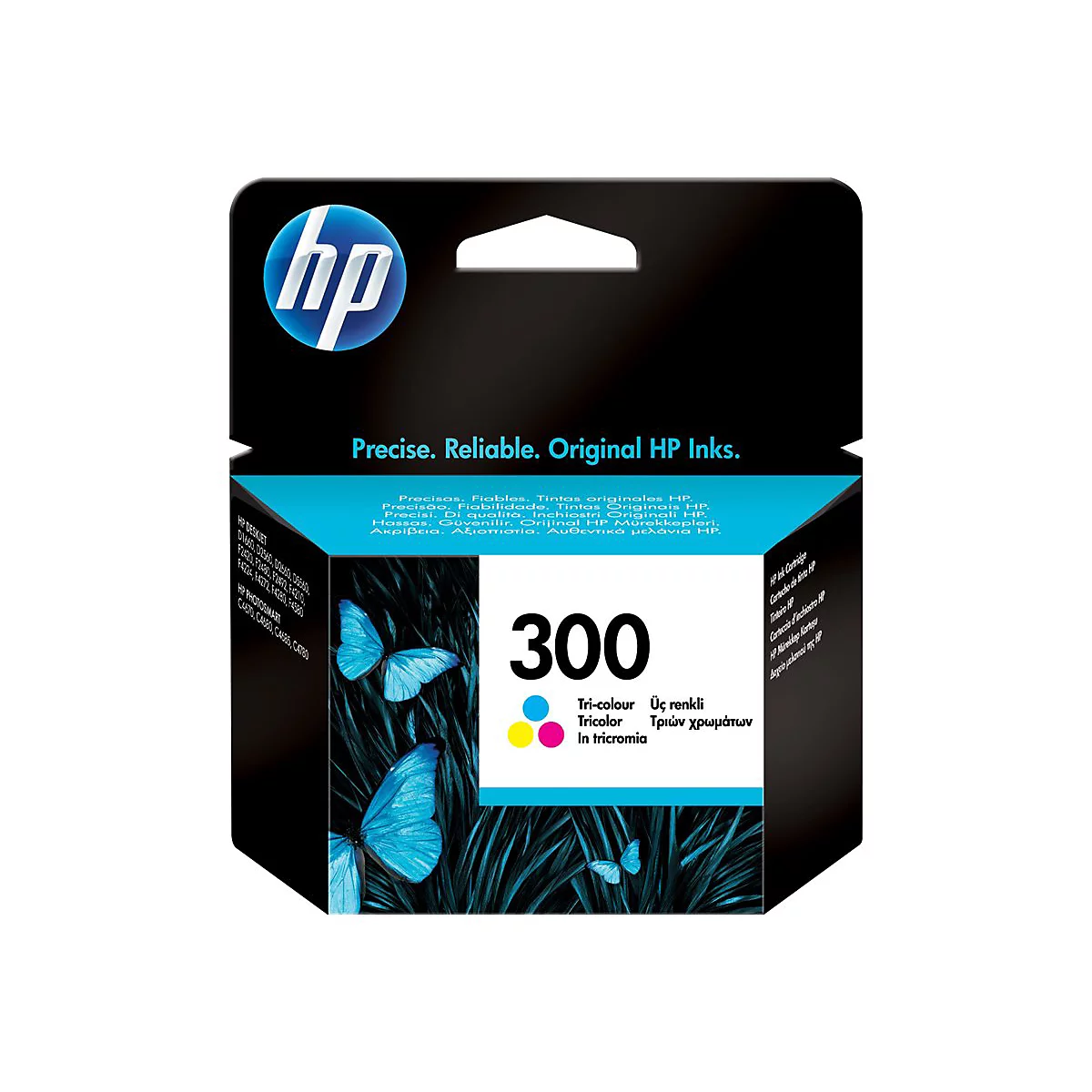 HP 300 Dreifarben-Druckerpatrone in der Originalverpackung mit blauen Schmetterlingsmotiven vor weißem Hintergrund.