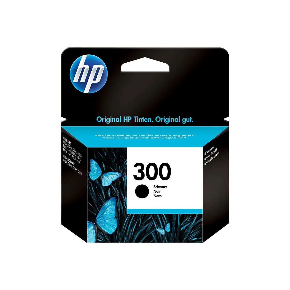 Schwarze Tintenpatrone von HP. Schwarze Verpackung mit blauen Schmetterlingen. Aufschrift: 300.