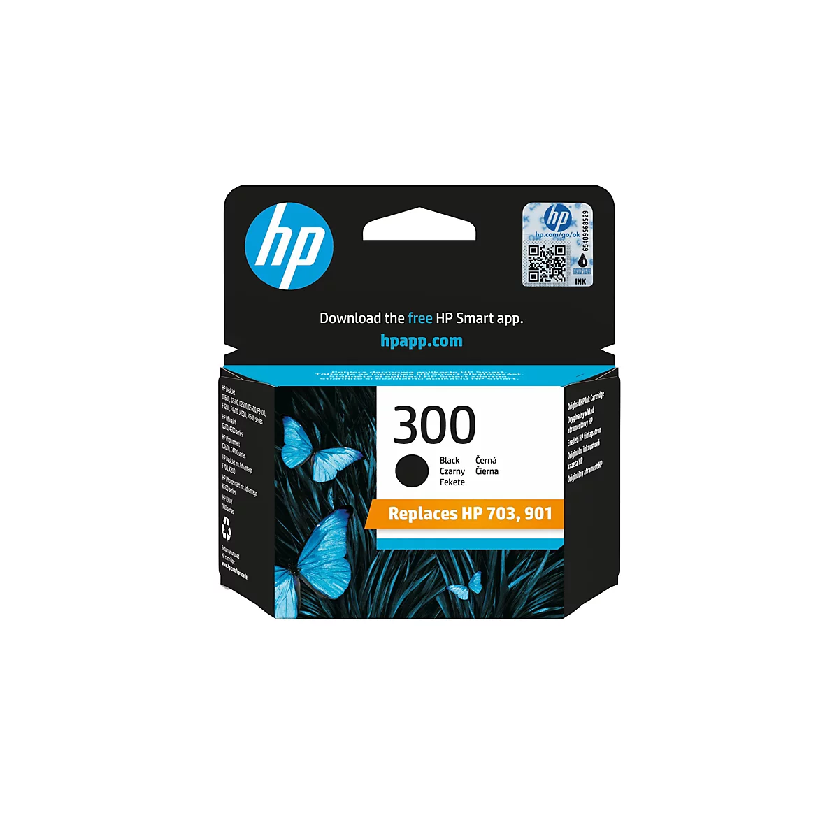 HP Druckerpatrone 300 Schwarz in der Originalverpackung mit blauem Schmetterlingsmotiv.