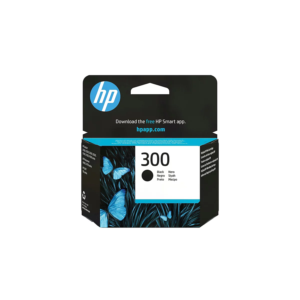 HP 300 Schwarz Druckerpatronen-Verpackung mit blauem Schmetterlingsmotiv.