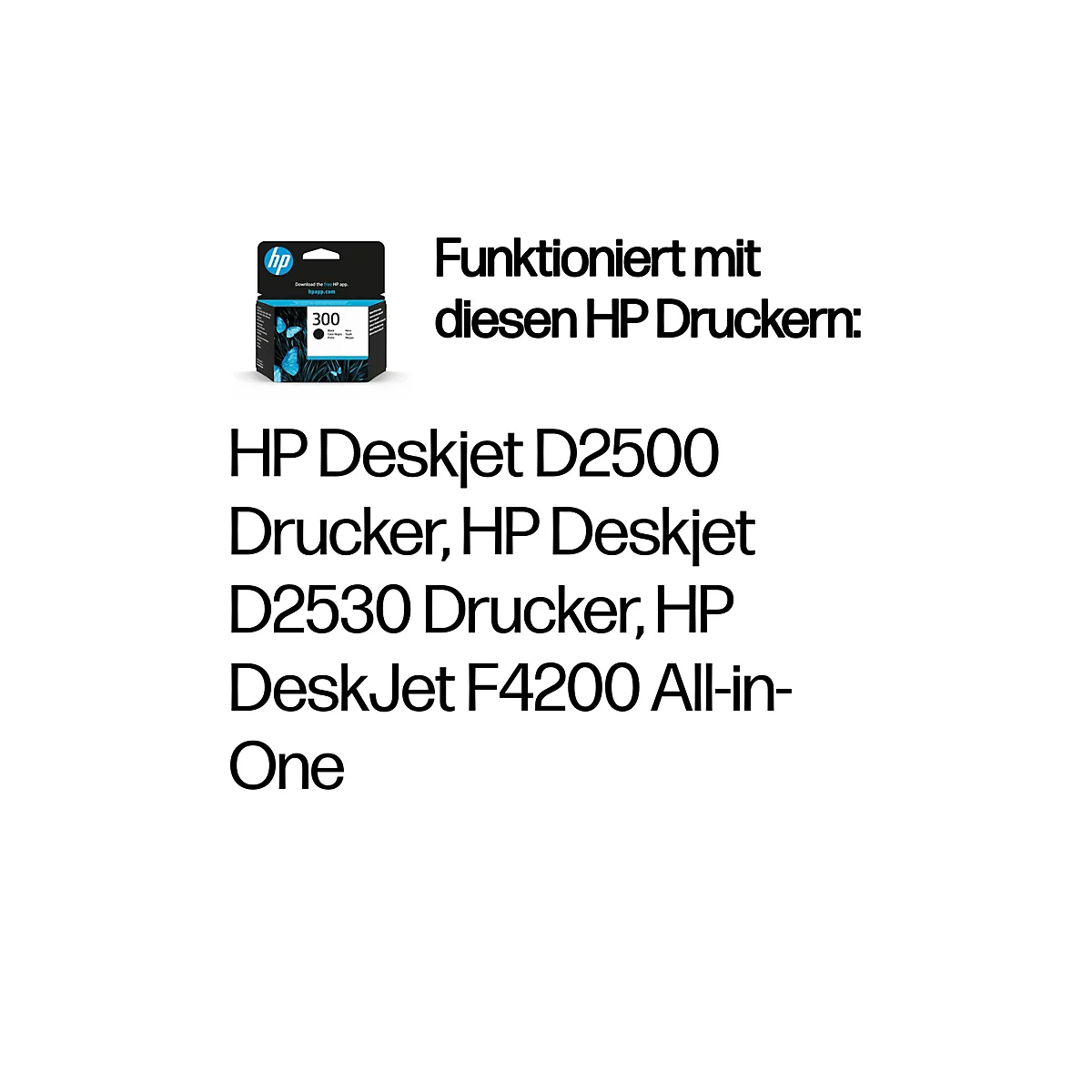 Eine HP Tintenpatrone neben einem Text, der die kompatiblen Drucker auflistet.
