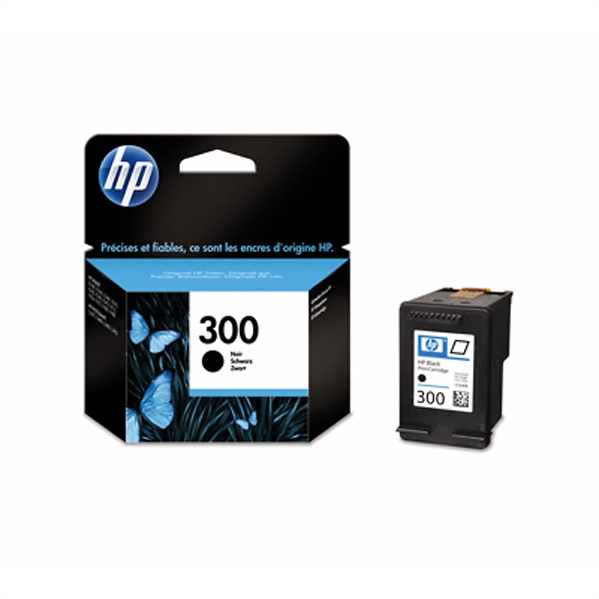 Schwarze HP 300 Druckerpatrone mit Originalverpackung vor weißem Hintergrund.