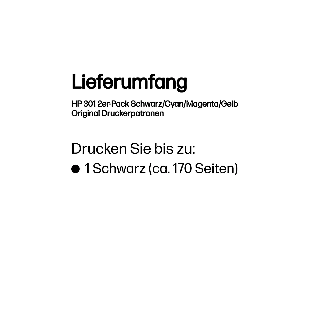 Text mit „Lieferumfang“ und Produktinformationen, darunter Druckerpatronen.