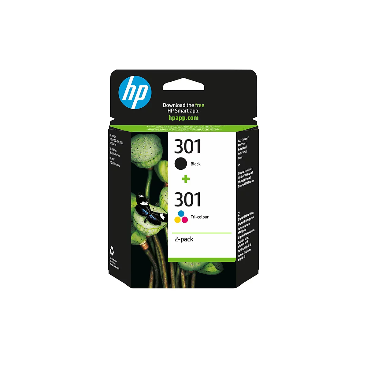 HP Tintenpatronen-Packung vor botanischem Hintergrund. Die Packung hat das Logo von HP sowie die Aufschrift „301“ in Schwarz und Tricolor.